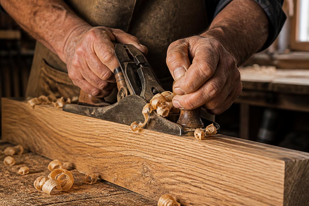 Craftsman planing an oak beam in the workshop