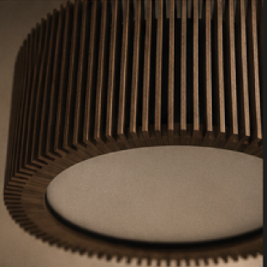 Detail of the slatted plywood ribs and diffuser of the Halo Pendant