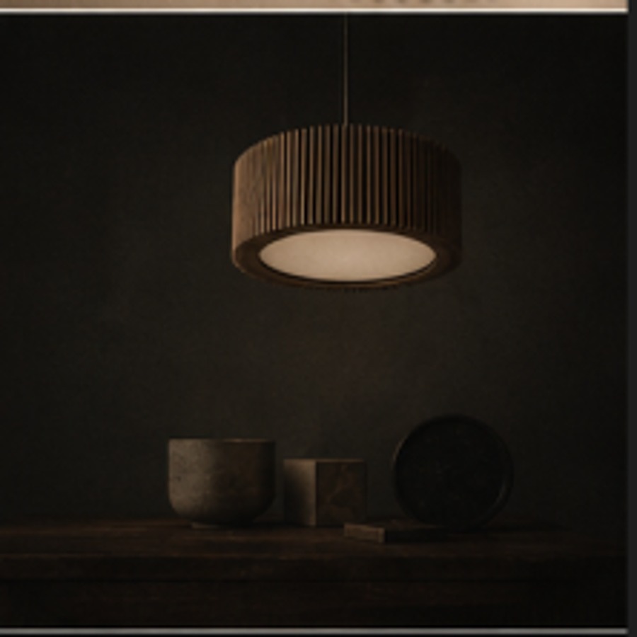 ObjektHaus Object No.01, the Halo Pendant lamp glowing above a dark table