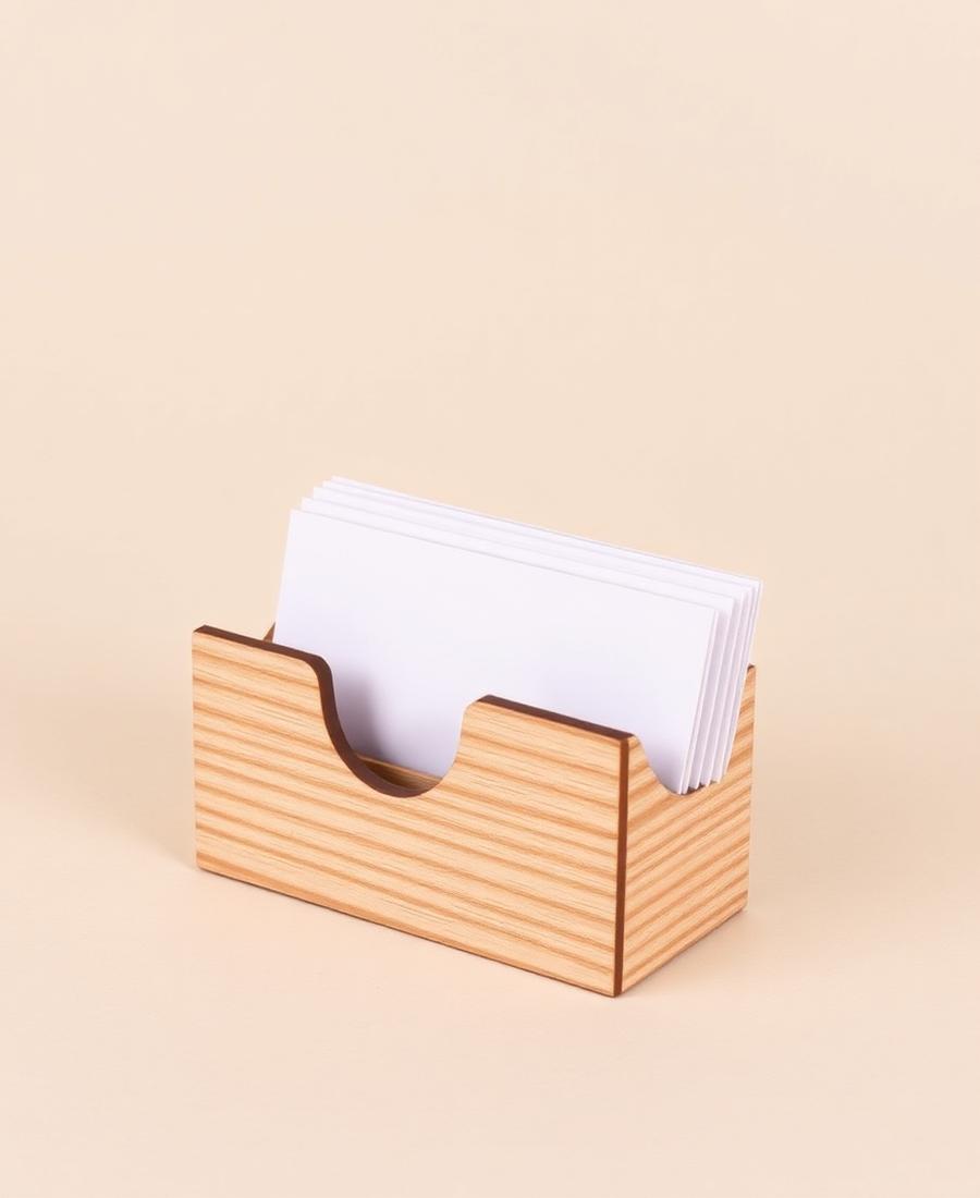 Plywood card holder with a stack of cards