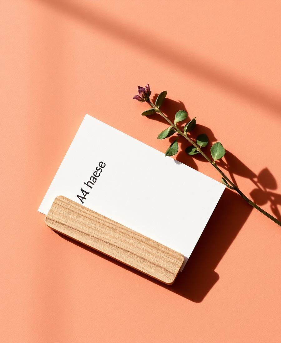 Card holder photographed from above with a botanical card
