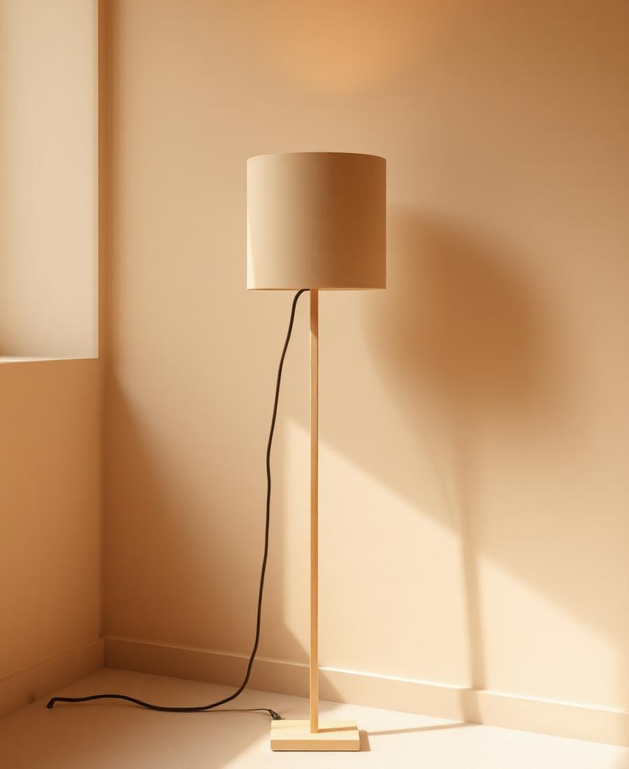 Tall plywood floor lamp in a sunlit corner