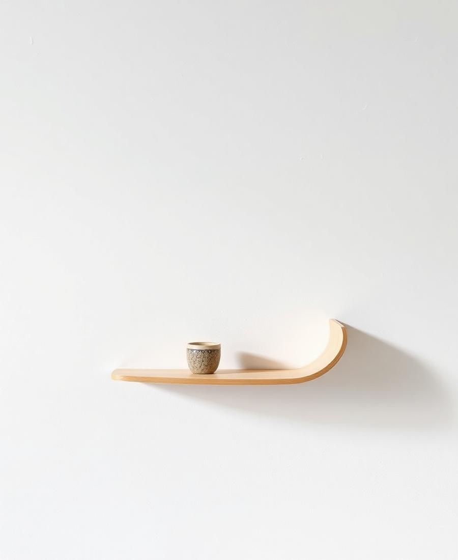 Curved plywood wall shelf holding a small ceramic cup